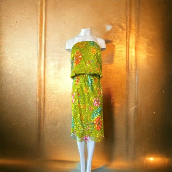 Lynn Lugo  Women's 100% Silk  Green Flower Strapless dress  made in USA, size 4 - Picture 1 of 6